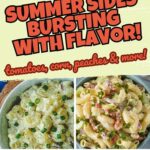 A spread of colorful side dishes featuring grilled peaches, tomatoes, corn on the cob, and summer herbs.