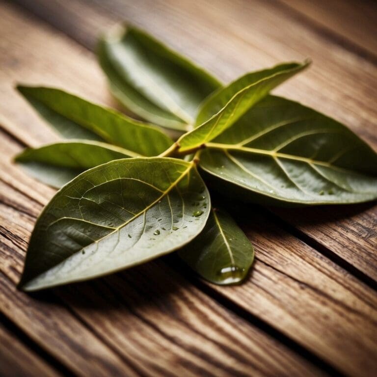 A close-up photo of a bunch of bay leaves sitting on a wooden table.