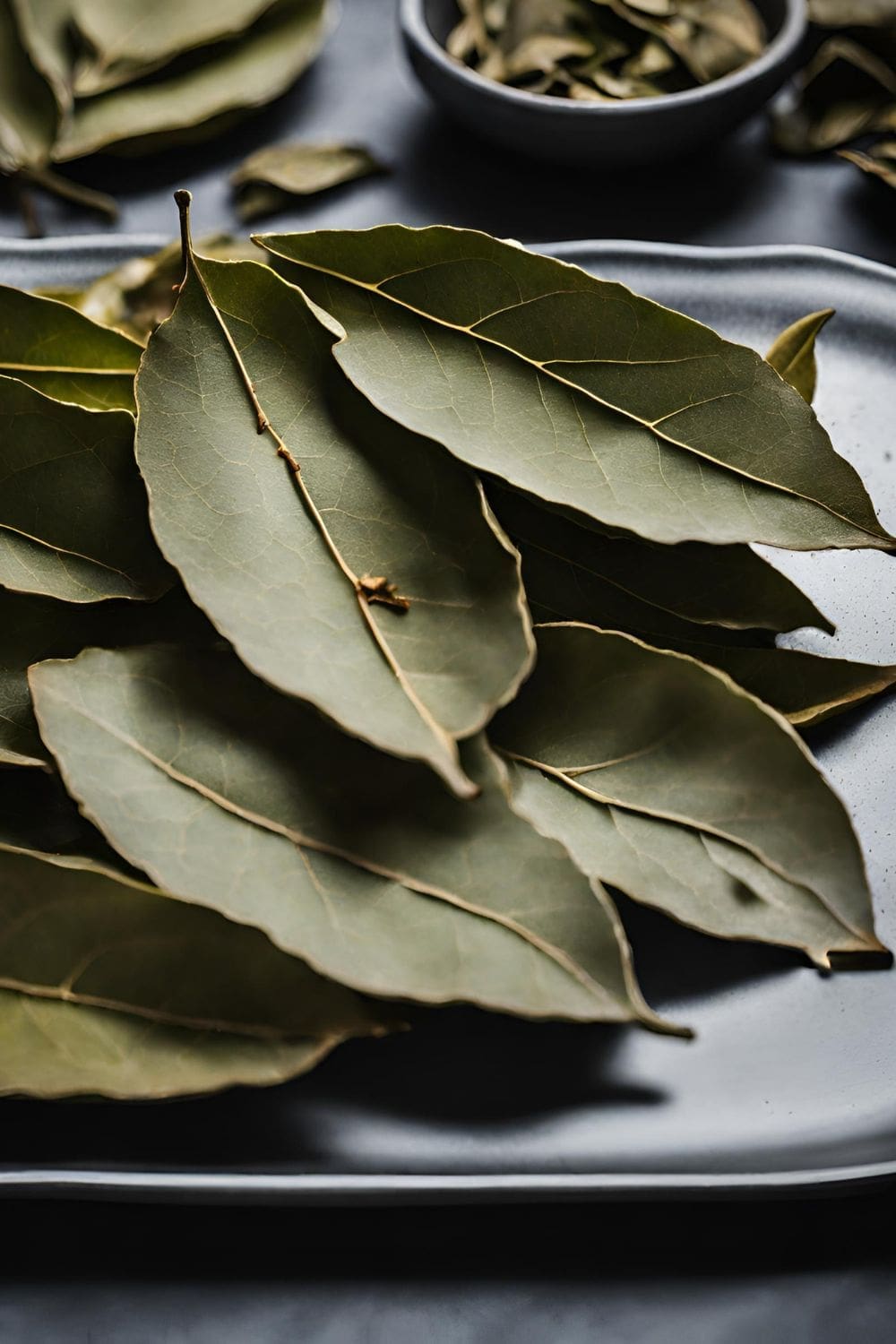 A pile of dried bay leaves overflowing a white ceramic plate with a dark green rim