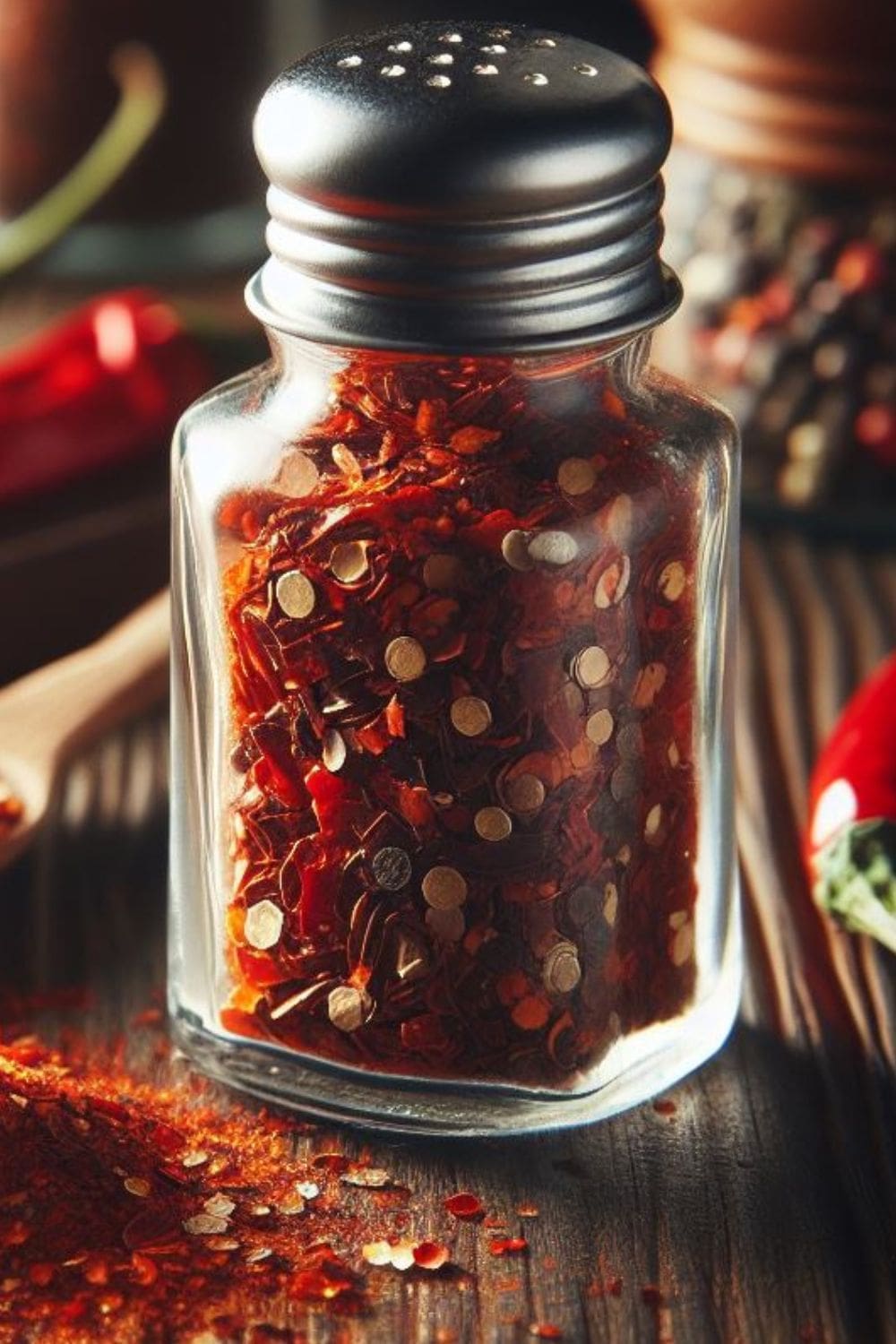 A small glass jar filled with red pepper flakes on a wooden table. 