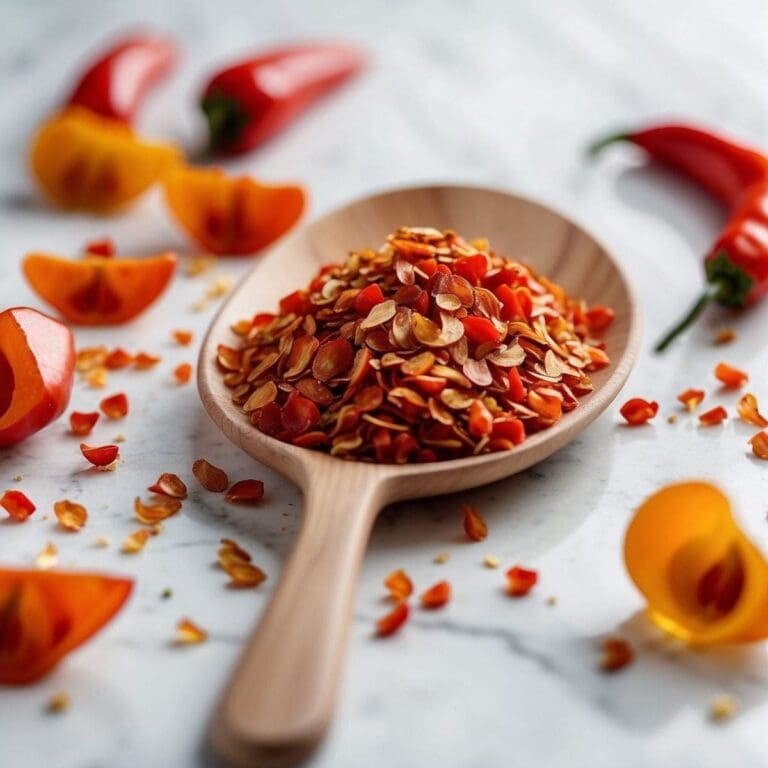 A close-up photo of a wooden spoon filled with red pepper flakes.
