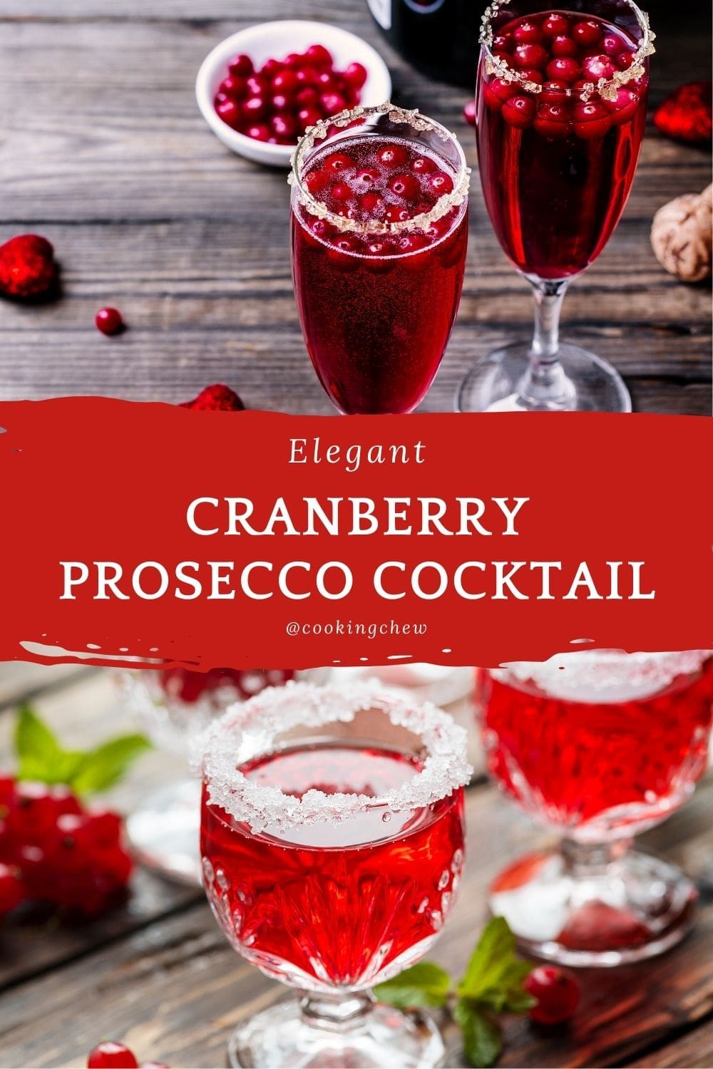 The image shows an elegant cranberry prosecco cocktail in a champagne flute.