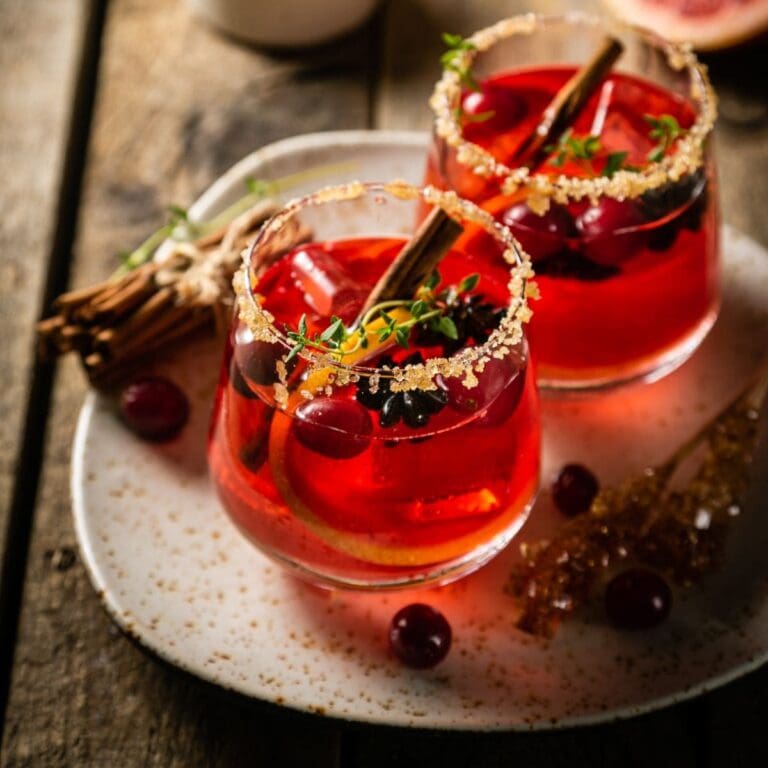 Two glasses of cranberry cocktail garnished with cranberry, lemon, and cinnamon stick.