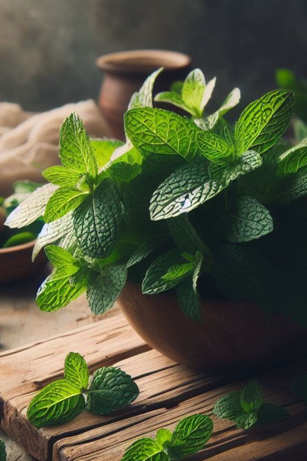 A close-up photo of a bowl of fresh mint leaves sitting on a wooden table.