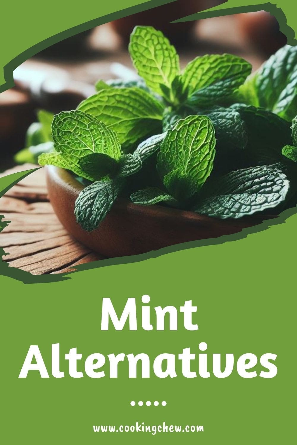 A close-up photo of a bowl of fresh mint leaves on a wooden table.