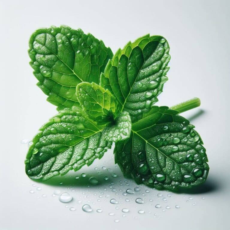 Close-up photo of a mint leaf with water droplets on a white background.