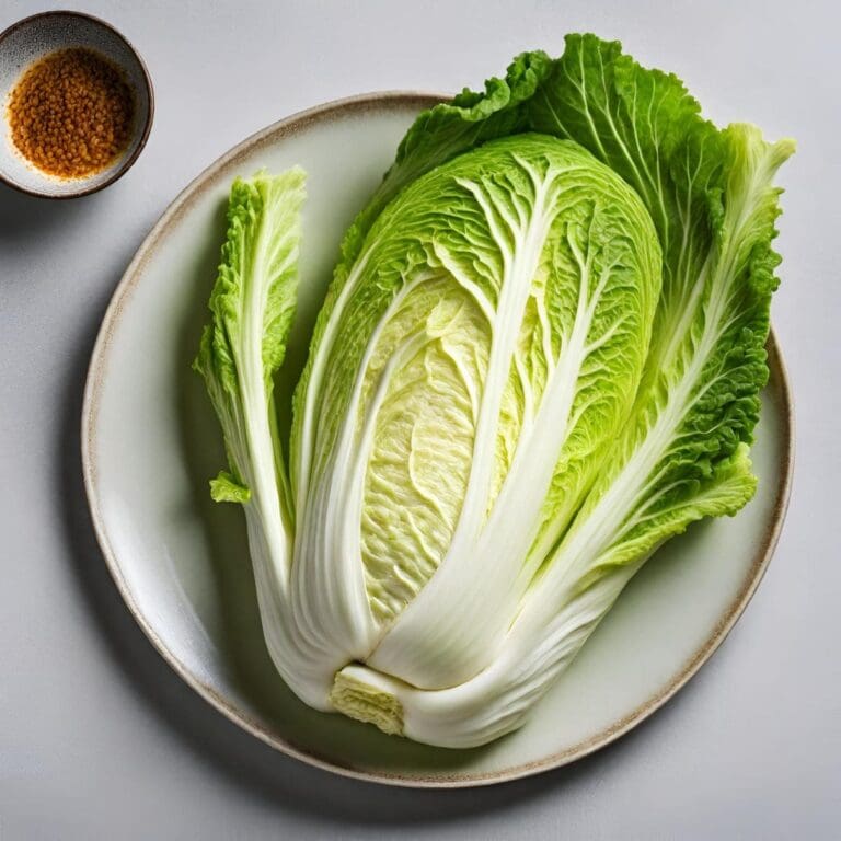 A close-up photo of a napa cabbage head on a white plate.