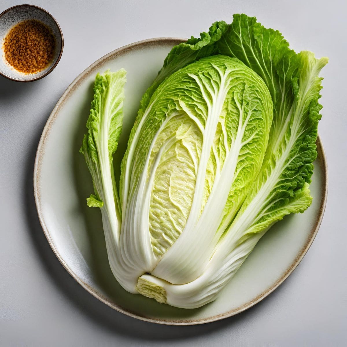 A close-up photo of a napa cabbage head on a white plate.
