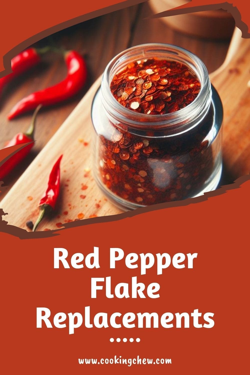 A close-up photo of a glass jar of red pepper flakes on a wooden table.