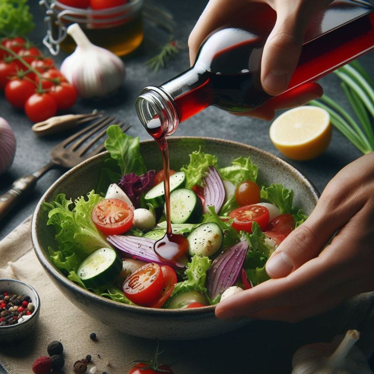 A person pouring red wine vinegar from a glass bottle over a salad in a bowl.