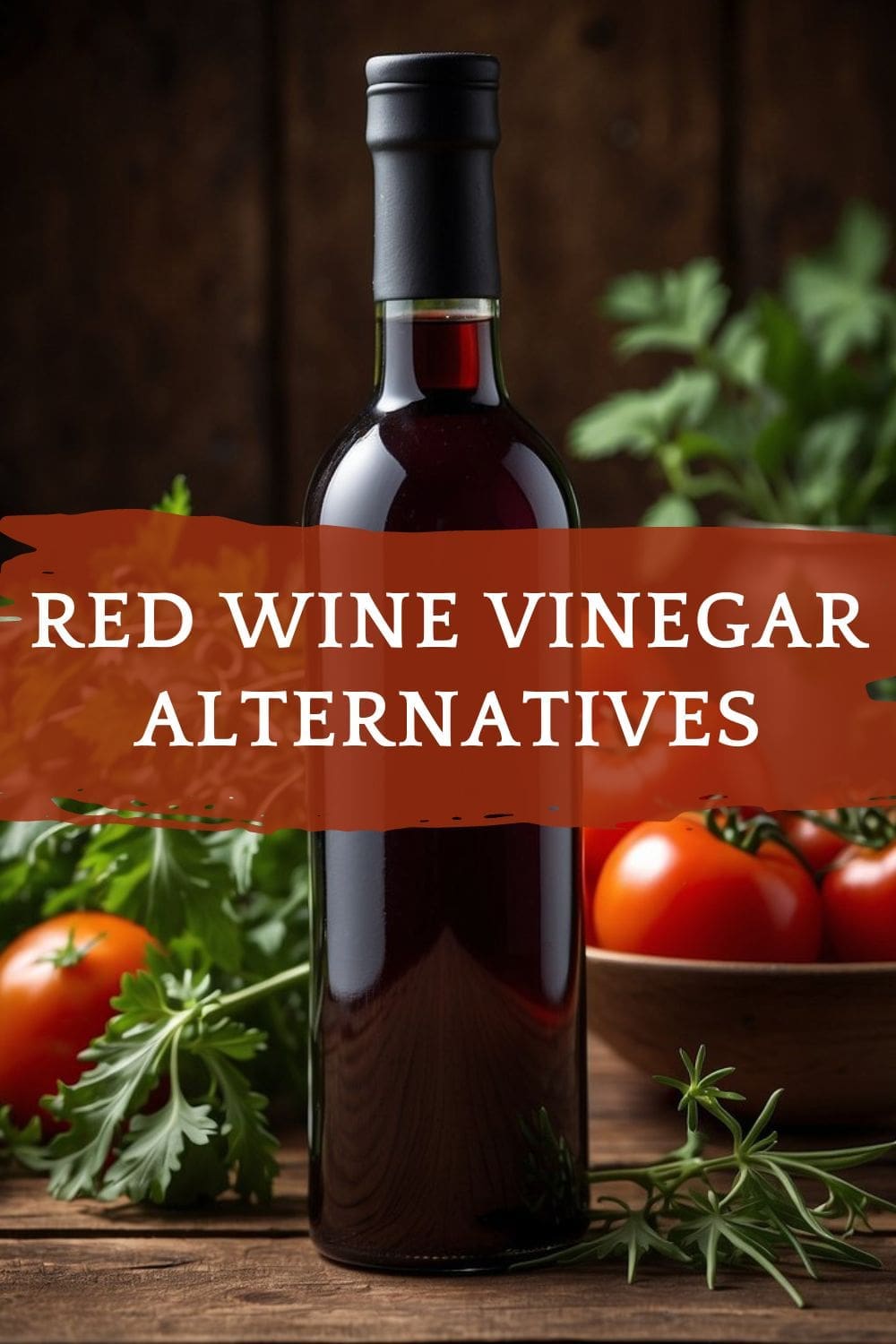 A bottle of red wine vinegar sitting on a wooden table next to a bowl of tomatoes.