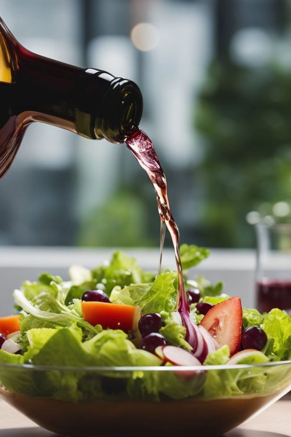 A person pouring wine from a bottle onto a salad.