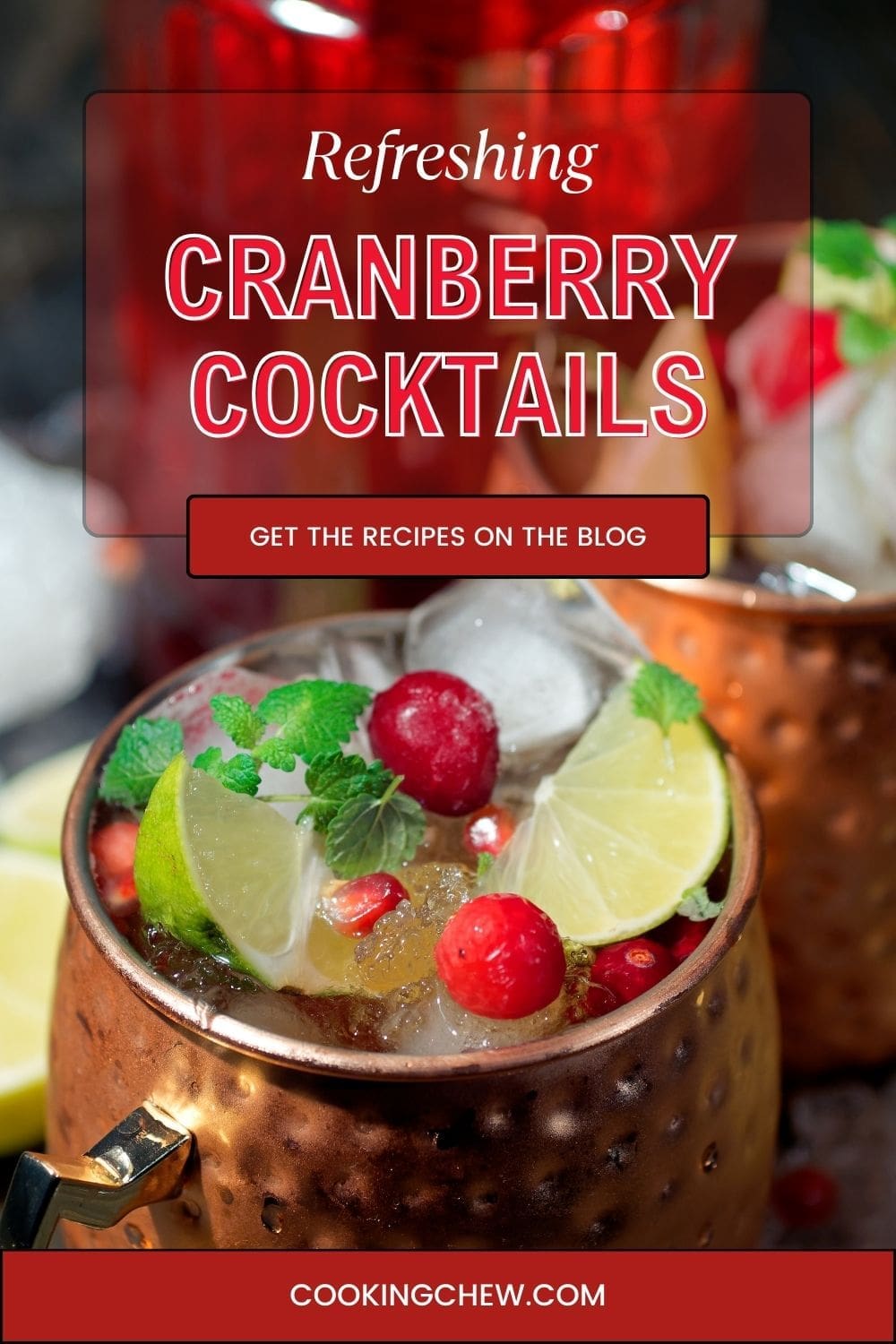 A close-up image of homemade cranberry pomegranate moscow mule served in a copper mug.