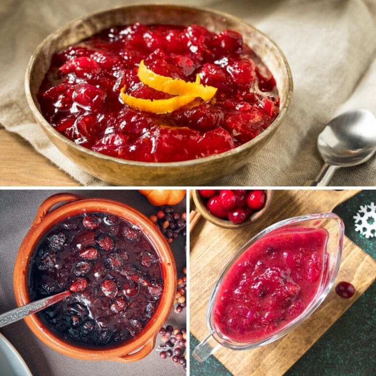 A collage of three photos of different types of cranberry sauce.