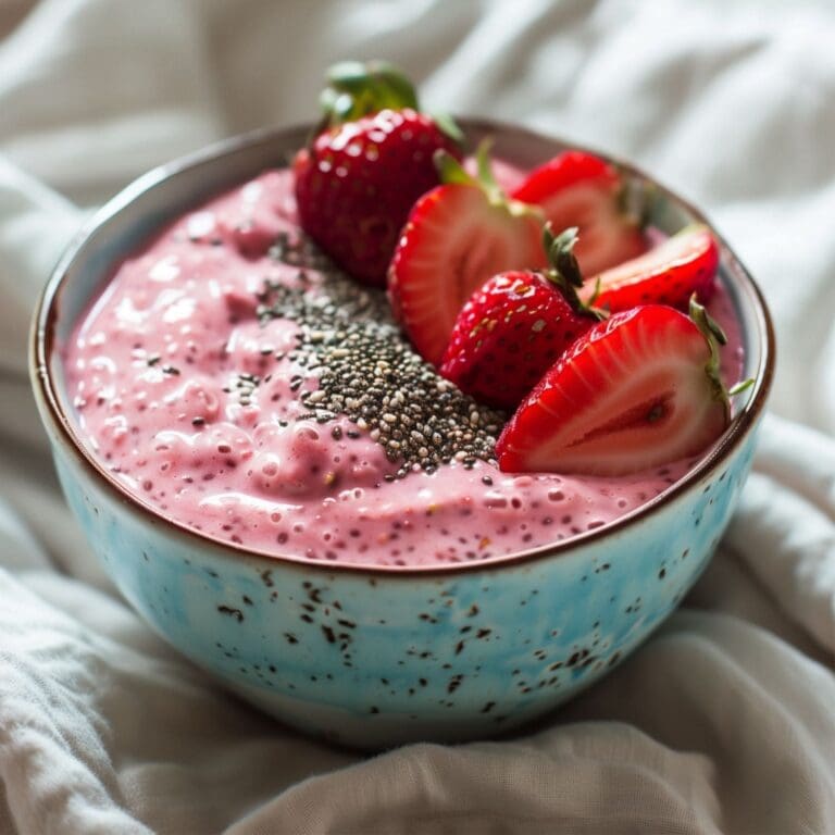 A close-up of easy strawberry chia pudding in a glass jar.