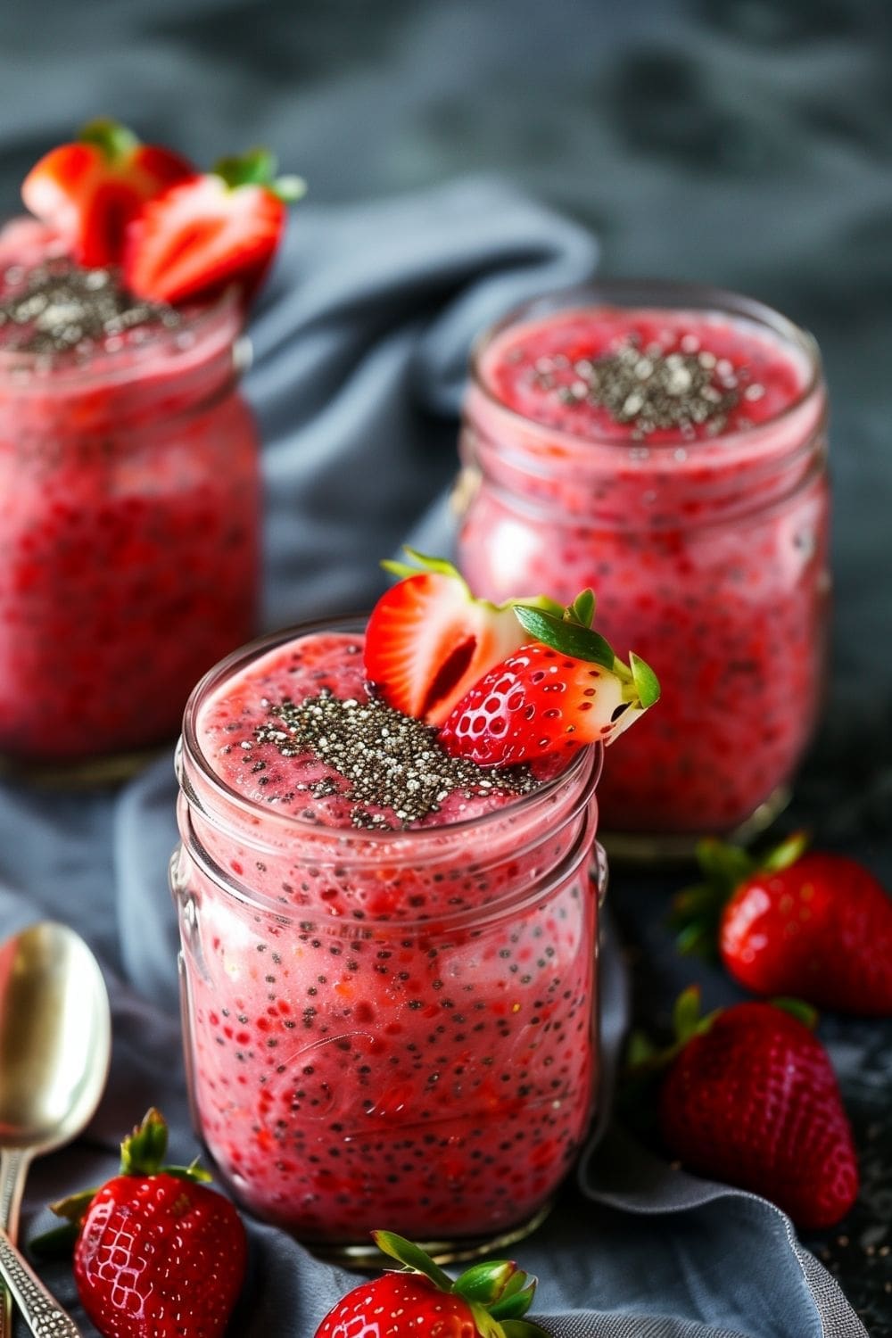 Refreshing strawberry chia pudding topped with fresh strawberry slices.