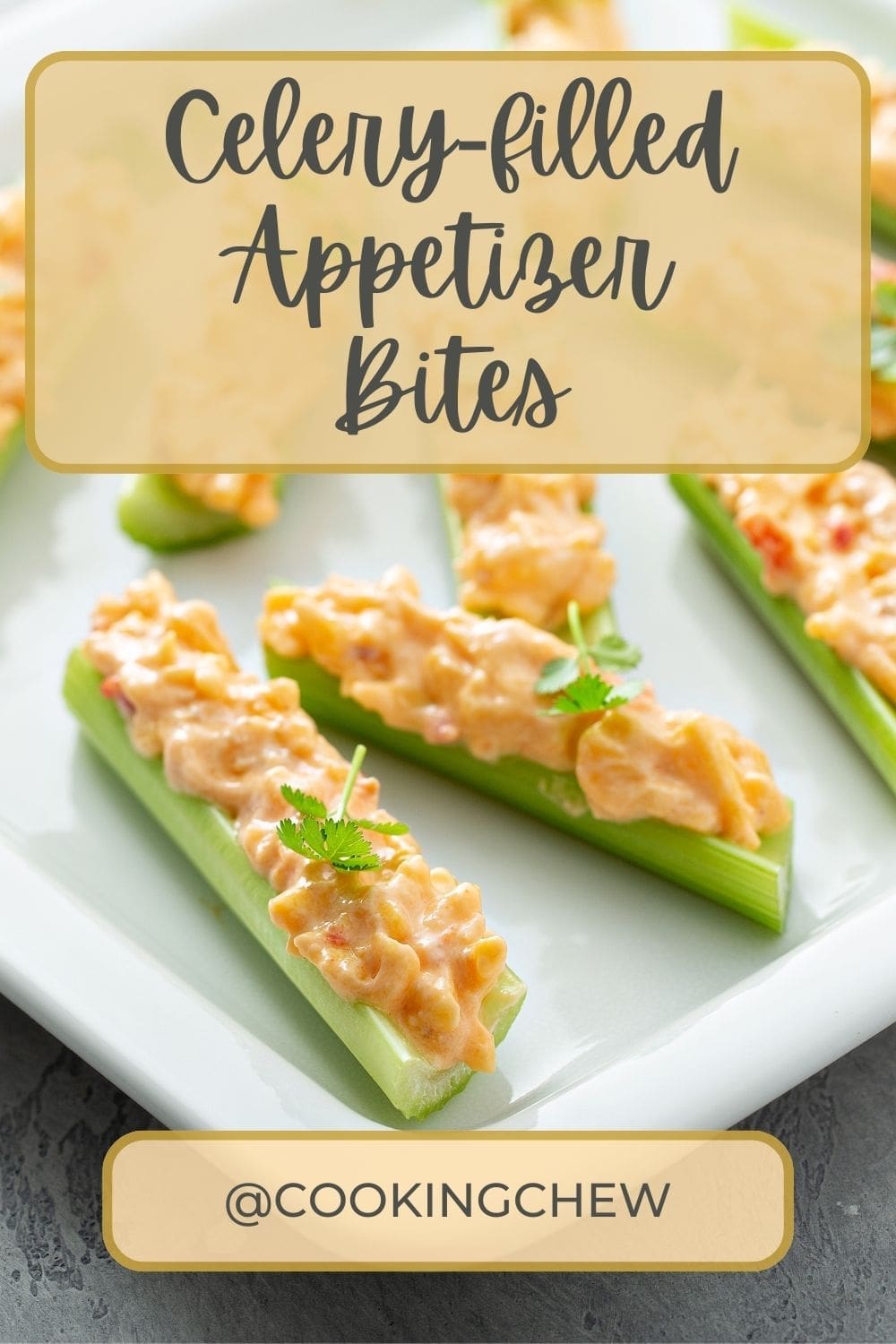 A close-up photo of celery filled appetizer bites on a white plate.