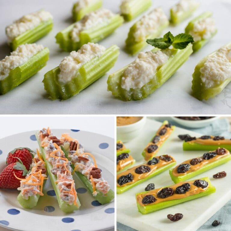 A collage of images showing different types of celery sticks with different toppings on them.