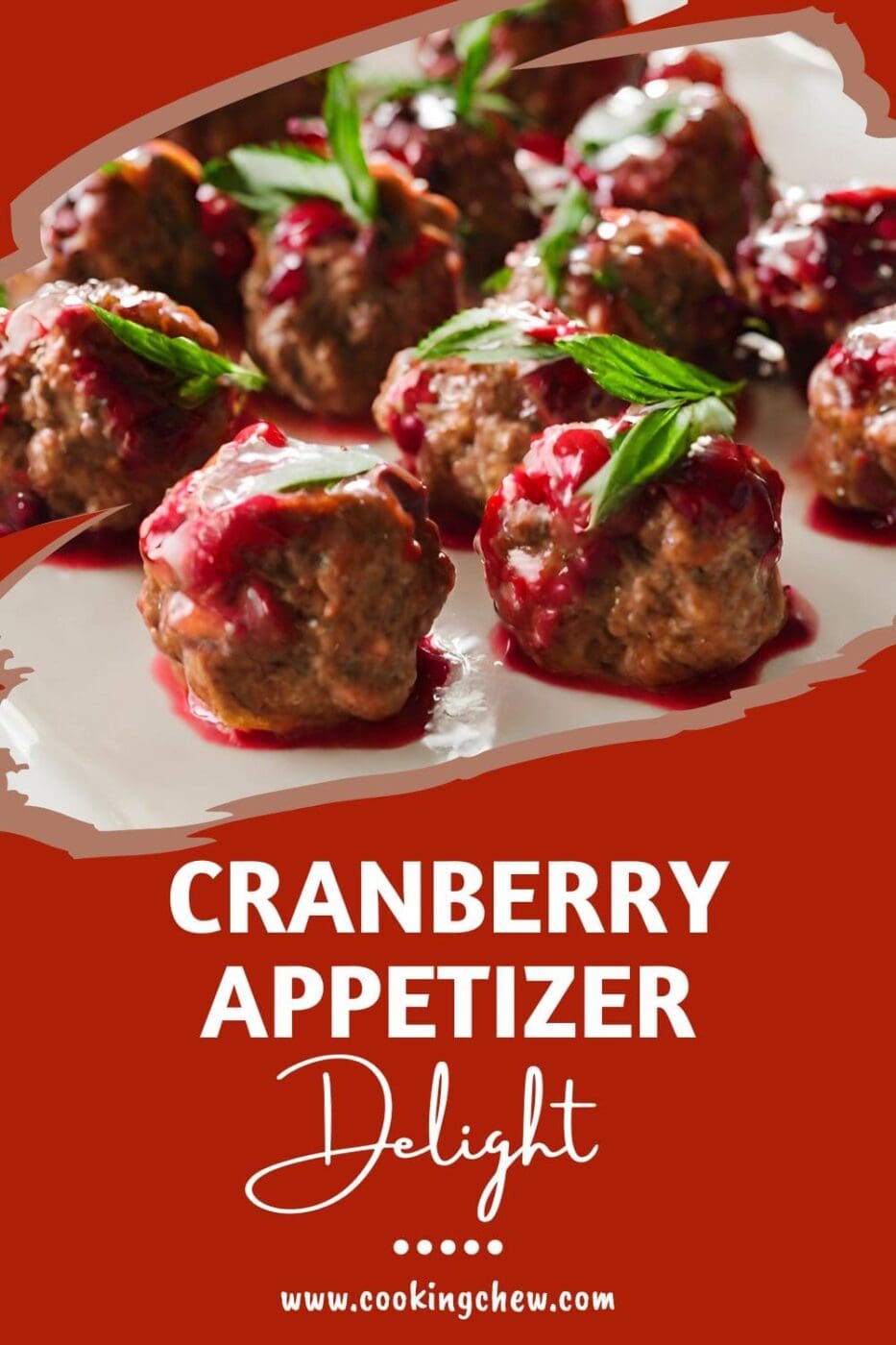 A plate of cranberry meatballs on a white tablecloth, coated in a cranberry sauce and garnished with fresh parsley.