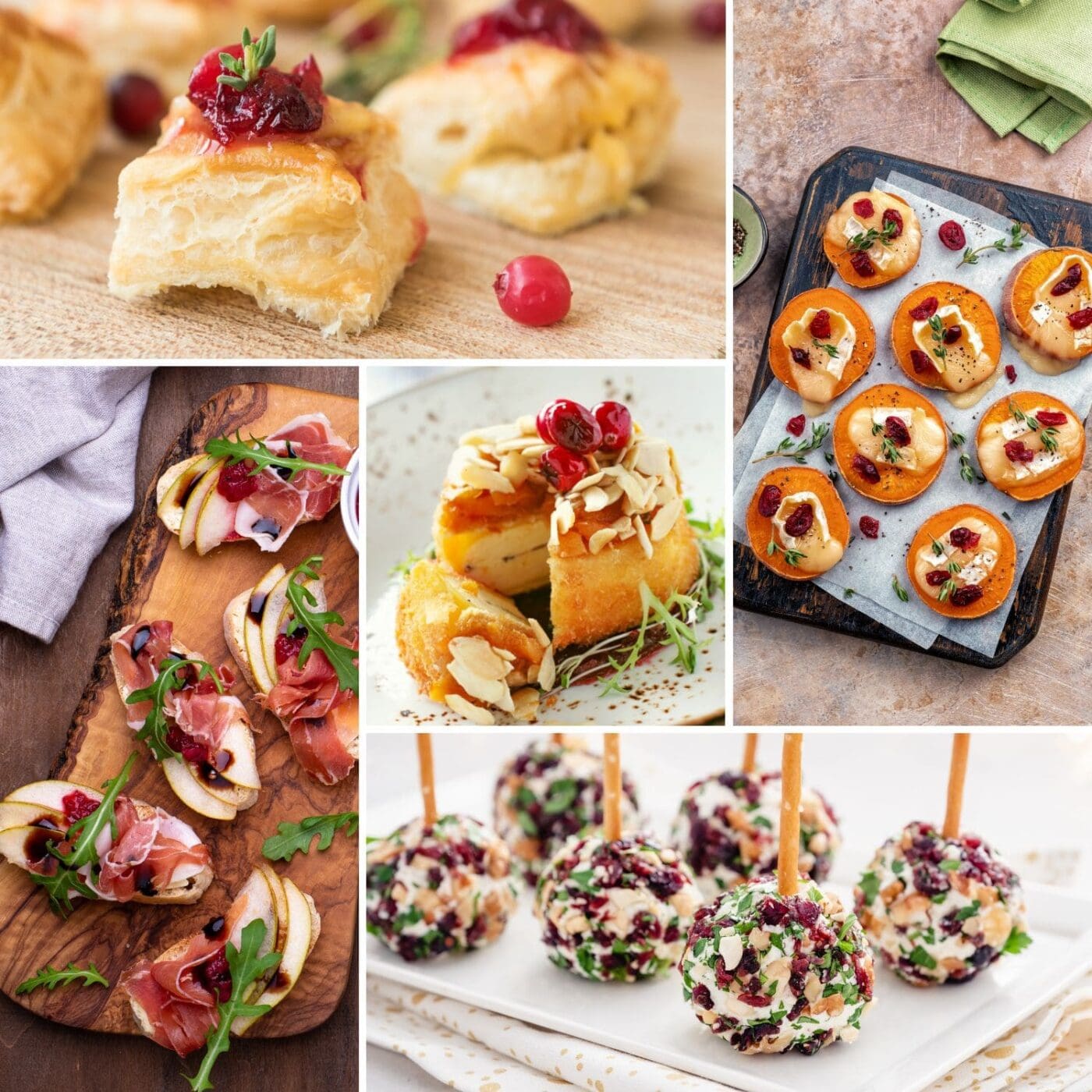 A variety of cranberry appetizers, including cranberry & prosciutto crostini, cranberry pecan goat cheese truffles, and cranberry brie bites.