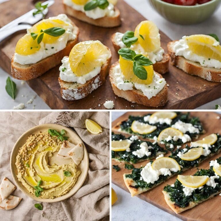 A collage of three lemon appetizers, including lemon garlic hummus, kale goat cheese flatbread with lemon, and lemon ricotta bruschetta.
