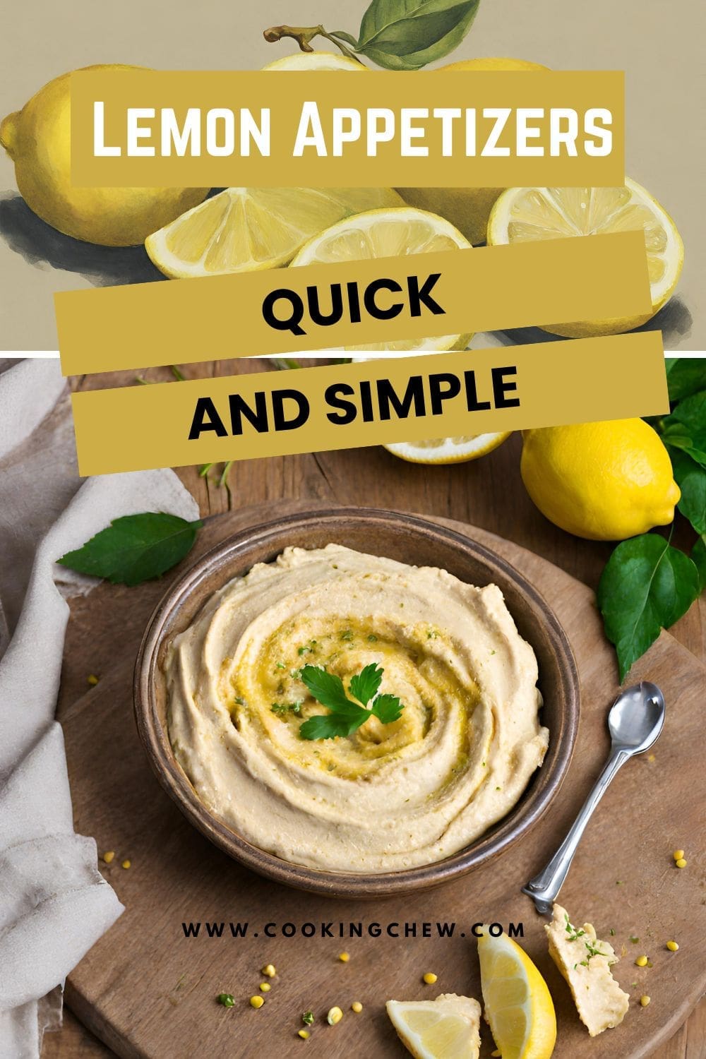 A bowl of hummus with lemon slices on a wooden cutting board.