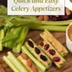 A wooden cutting board with celery sticks topped with peanut butter and nuts.