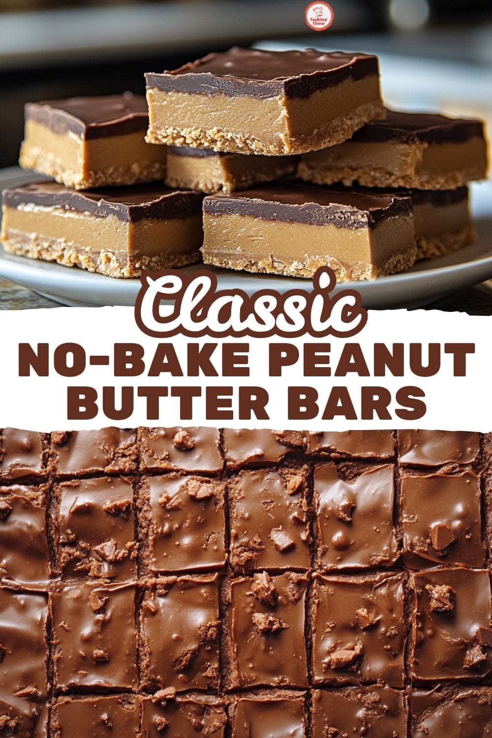 A close-up of homemade no-bake peanut butter bars with a thick chocolate layer on top.