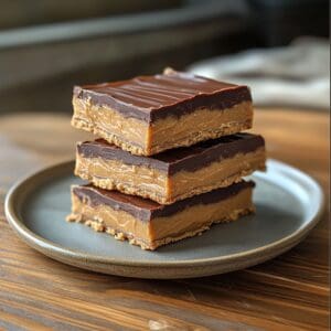 A plate of chocolate peanut butter bars with smooth, glossy chocolate layers.