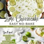 A beautifully presented no bake lime cheesecake with a cookie crust, topped with lime zest and whipped cream. Perfect for a refreshing and easy dessert.