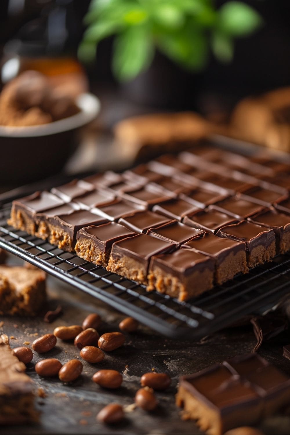 A batch of no-bake peanut butter bars topped with rich chocolate, cut into squares.