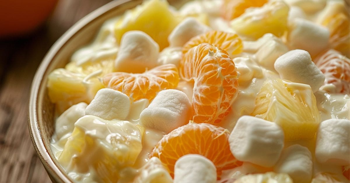 A bowl of Hawaiian fruit salad with marshmallows, perfect for a refreshing tropical dessert.