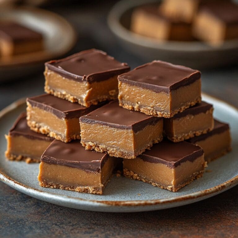 A tray of no-bake peanut butter bars with chocolate topping, freshly sliced.