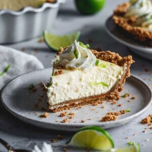 A refreshing no bake lime cheesecake with a creamy filling and a crunchy cookie crust, topped with a dollop of whipped cream and lime zest.