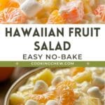 A creamy tropical fruit salad with sour cream, featuring a mix of fruits and marshmallows.