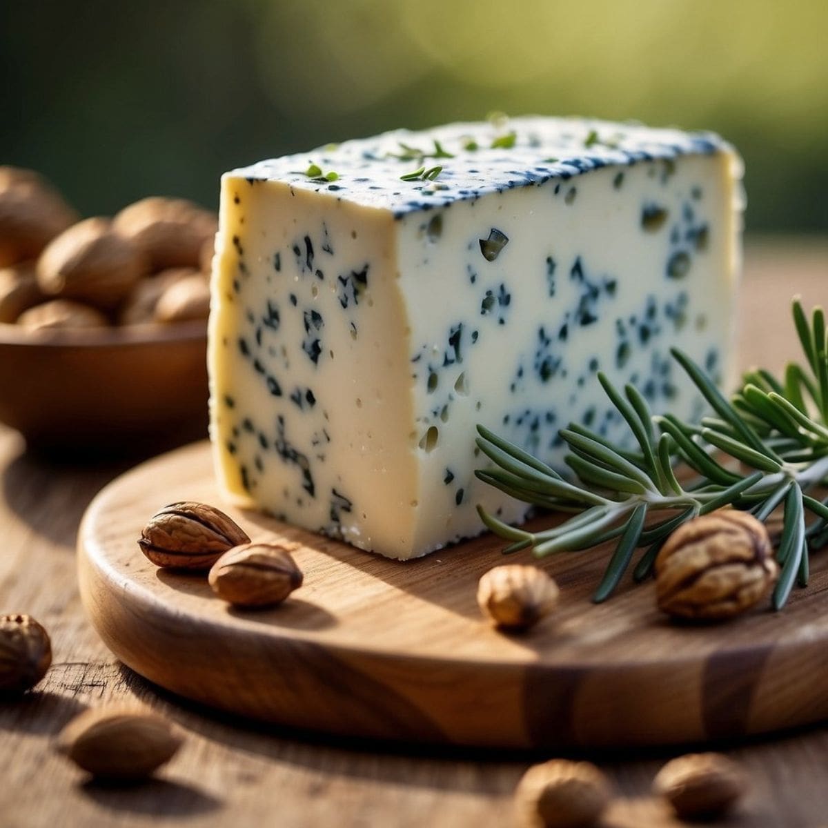 A close-up photo of a wedge of blue cheese with veins of blue mold on a wooden cutting board.