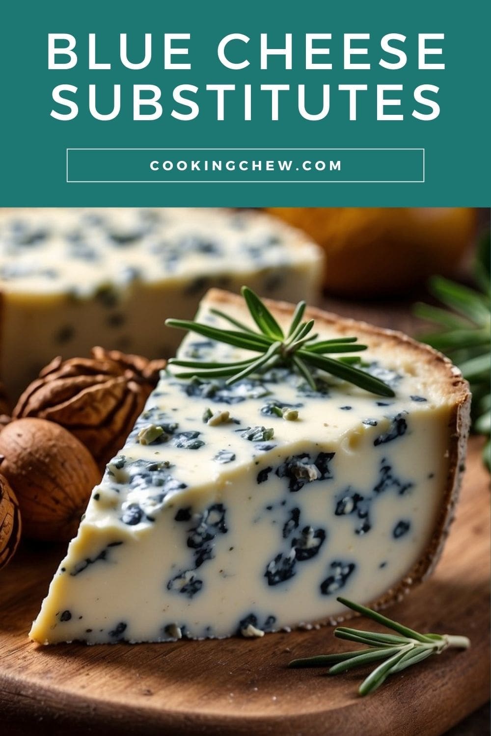 A wedge of blue cheese on a cheeseboard with grapes, nuts, and rosemary.
