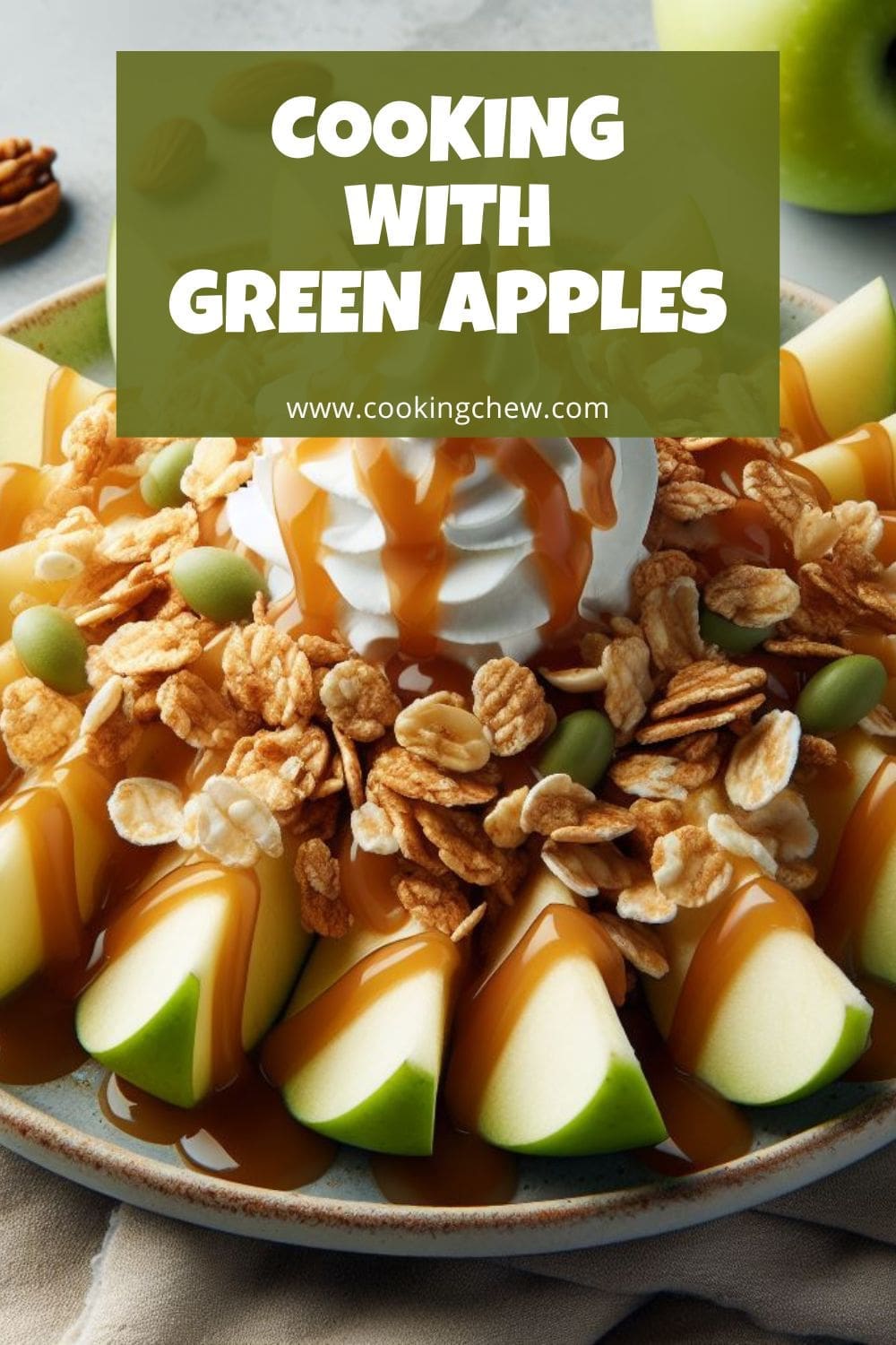 A plate of sliced green apples with caramel sauce and whipped cream drizzled on top.