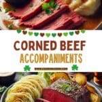 A plate of corned beef and cabbage with mashed potatoes and gravy