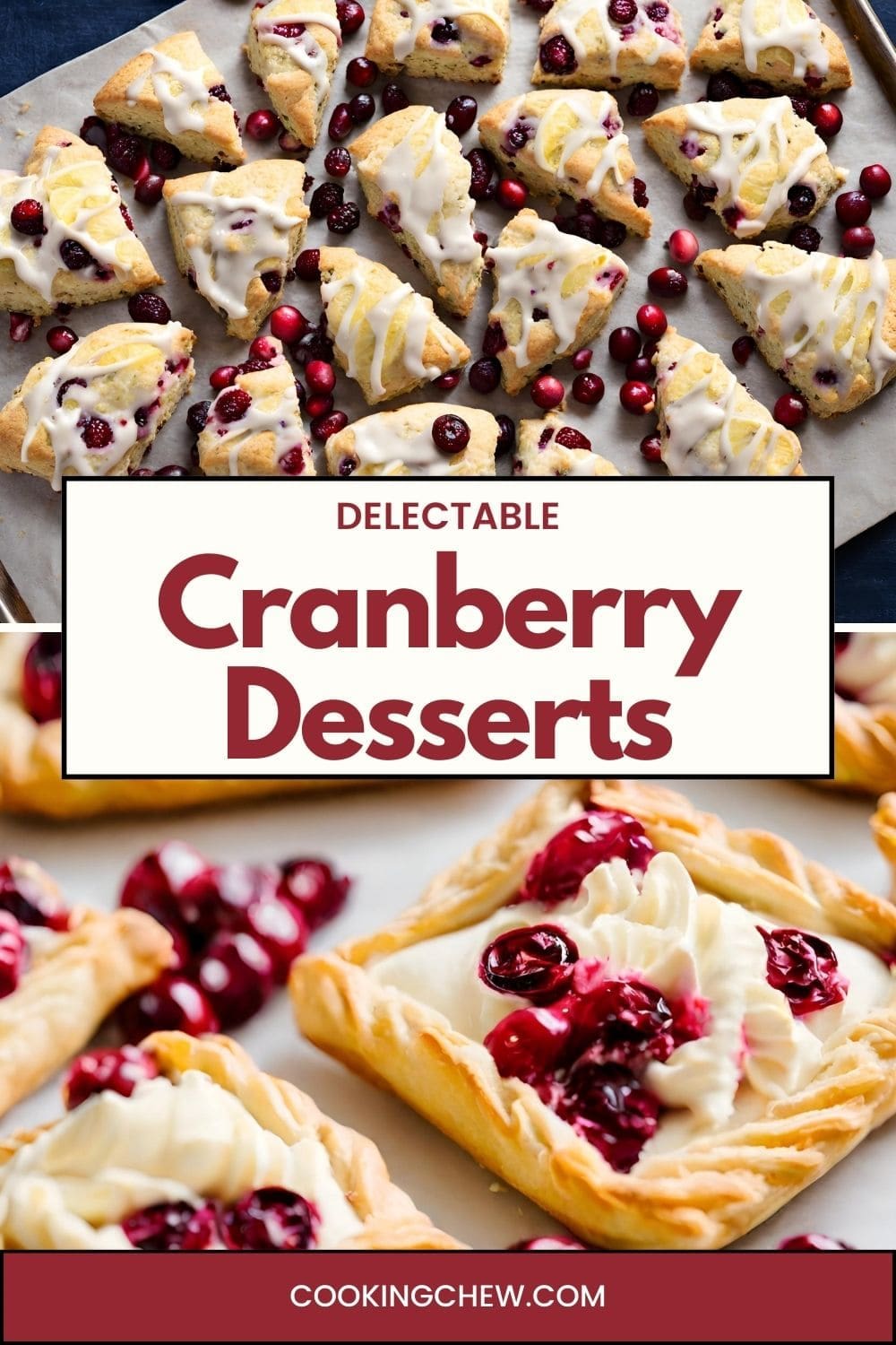 A collage of delectable cranberry desserts, including cranberry lemon scones, and cranberry cream cheese pastries.