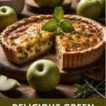 A sausage green apple quiche with a flaky crust on a wooden table.