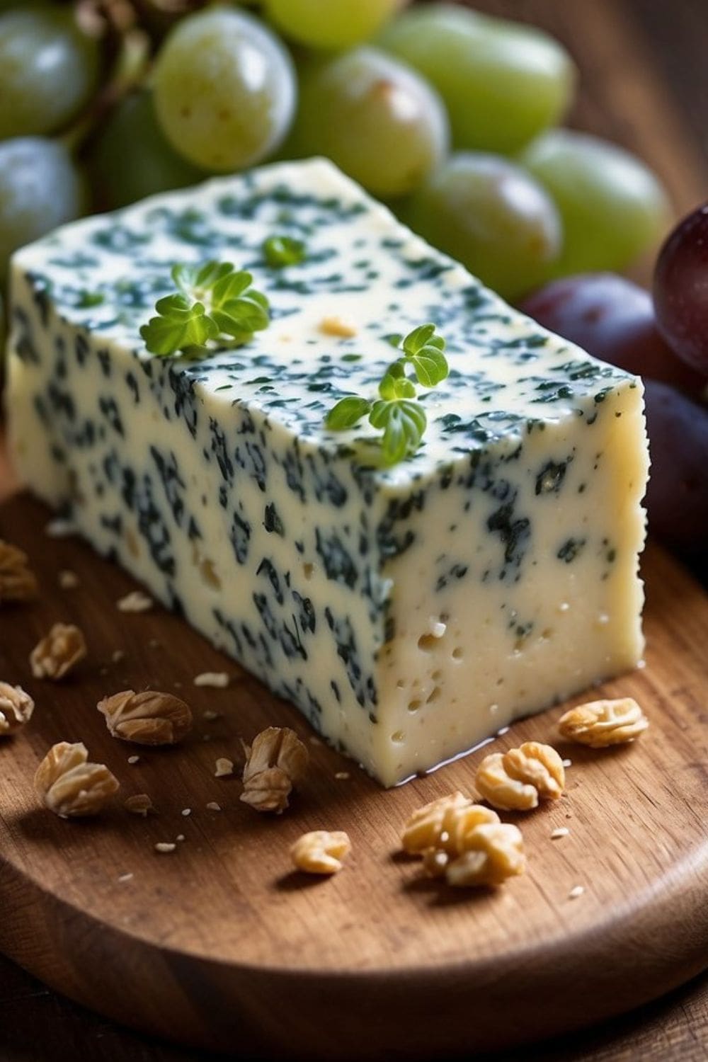A blue cheese cheese board with grapes, walnuts, and rosemary. 