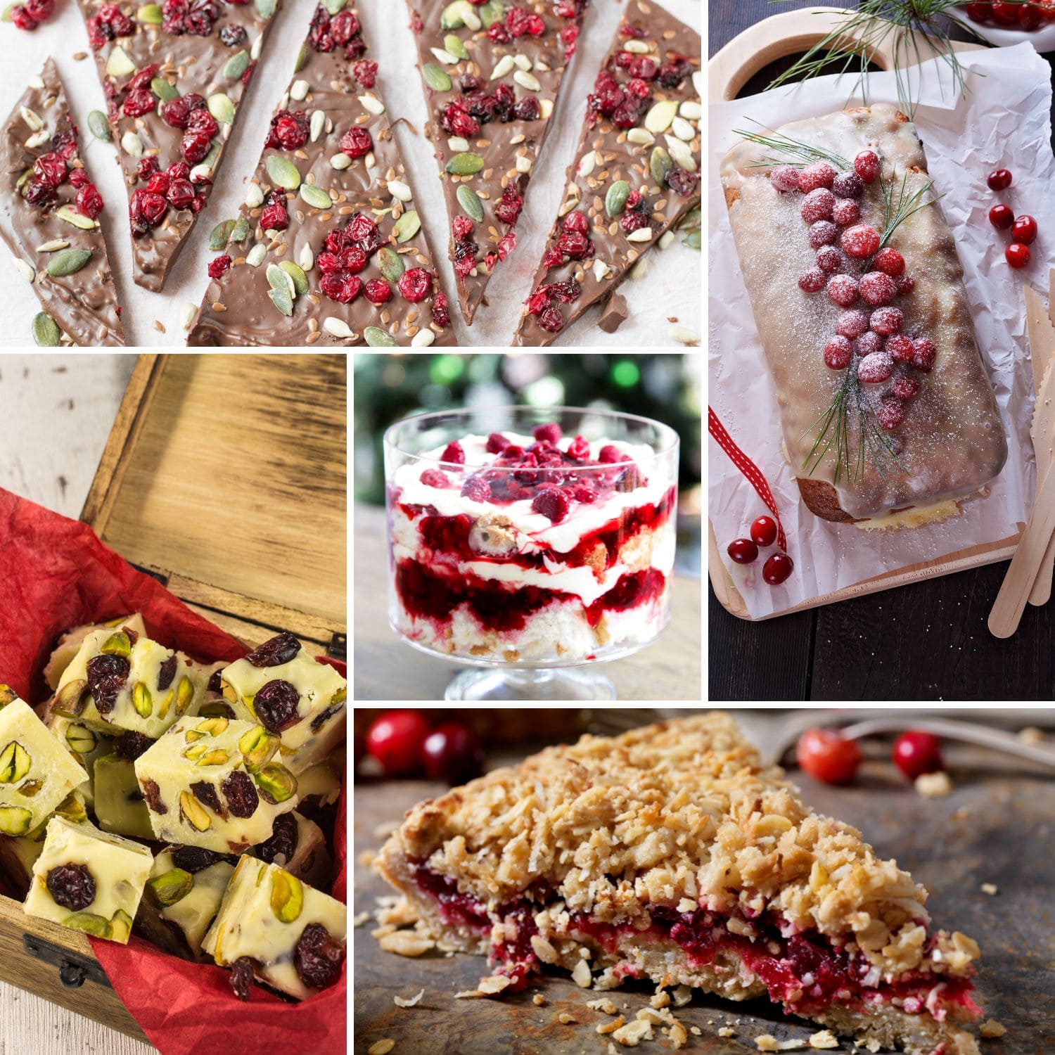 A variety of cranberry desserts, including cranberry trifle, christmas cranberry pound cake, cranberry pistachio fudge, and apple cranberry crisp.