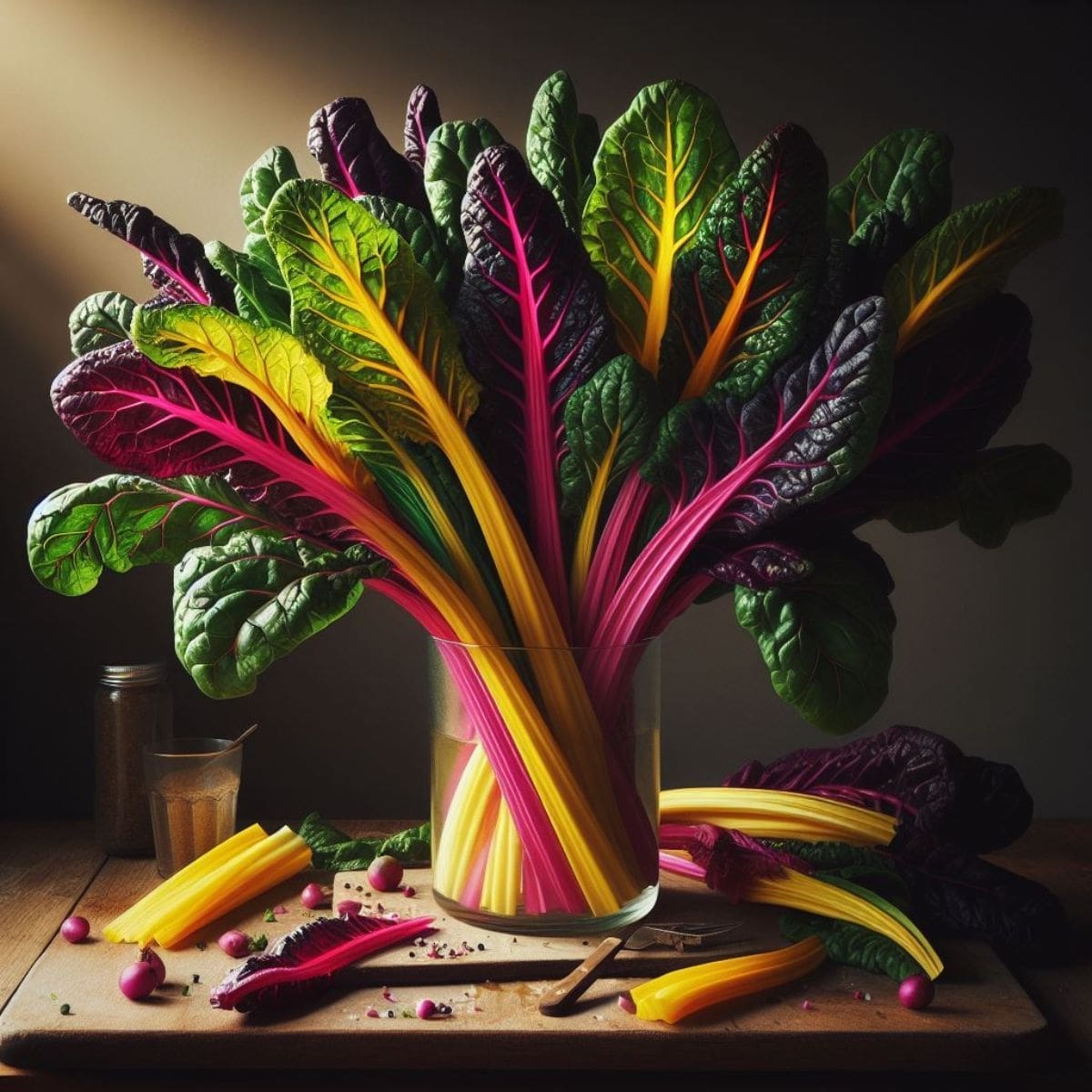 A close-up photo of a vase filled with swiss chard.