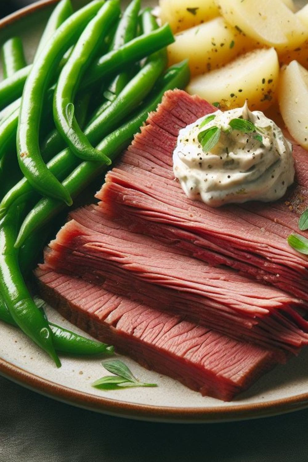 A plate of corned beef, green beans, and potatoes.