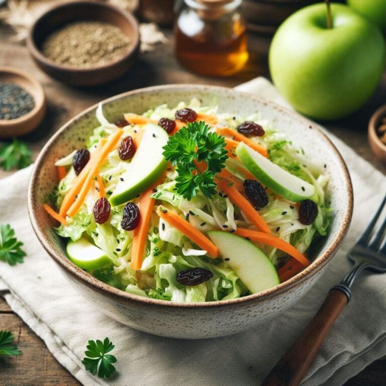 A bowl of chopped green apple, carrot, and raisin salad on a wooden table.