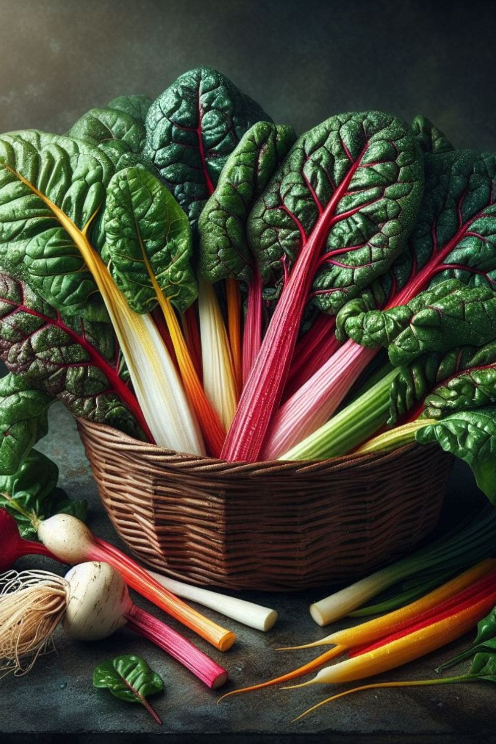 A wicker basket overflowing with swiss chard sits on a wooden table.
