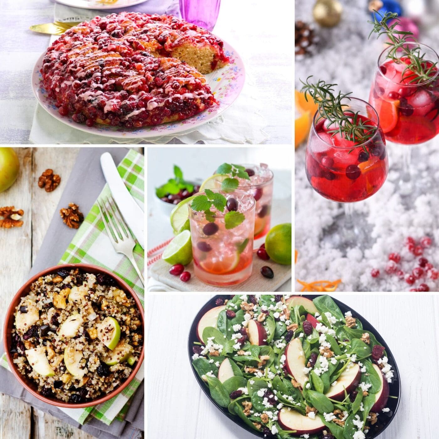 A collage of cranberry recipes, including cranberry mojitos, cranberry margarita, cranberry upside-down cake, and apple cranberry spinach salad.