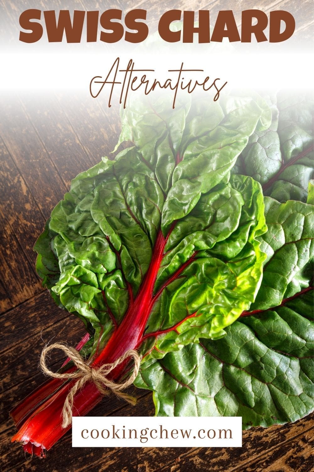 A close-up photo of a bunch of Swiss chard with its thick stalks and green, leafy tops.
