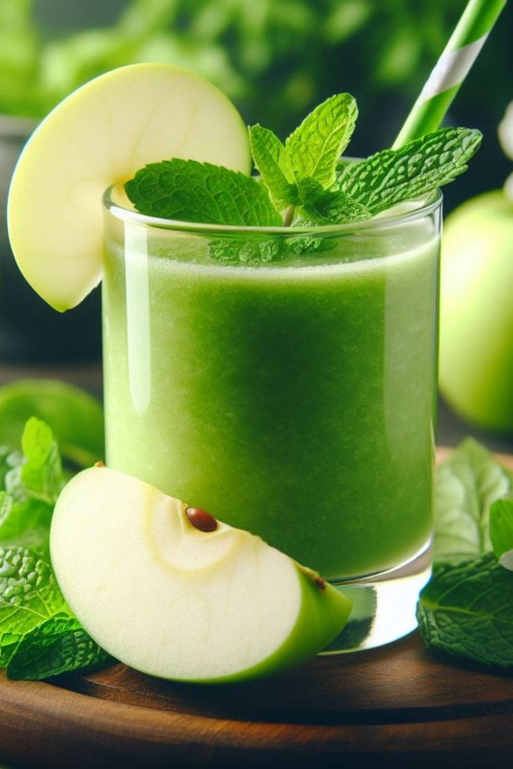A glass of green apple smoothie with a slice of apple on a wooden cutting board.